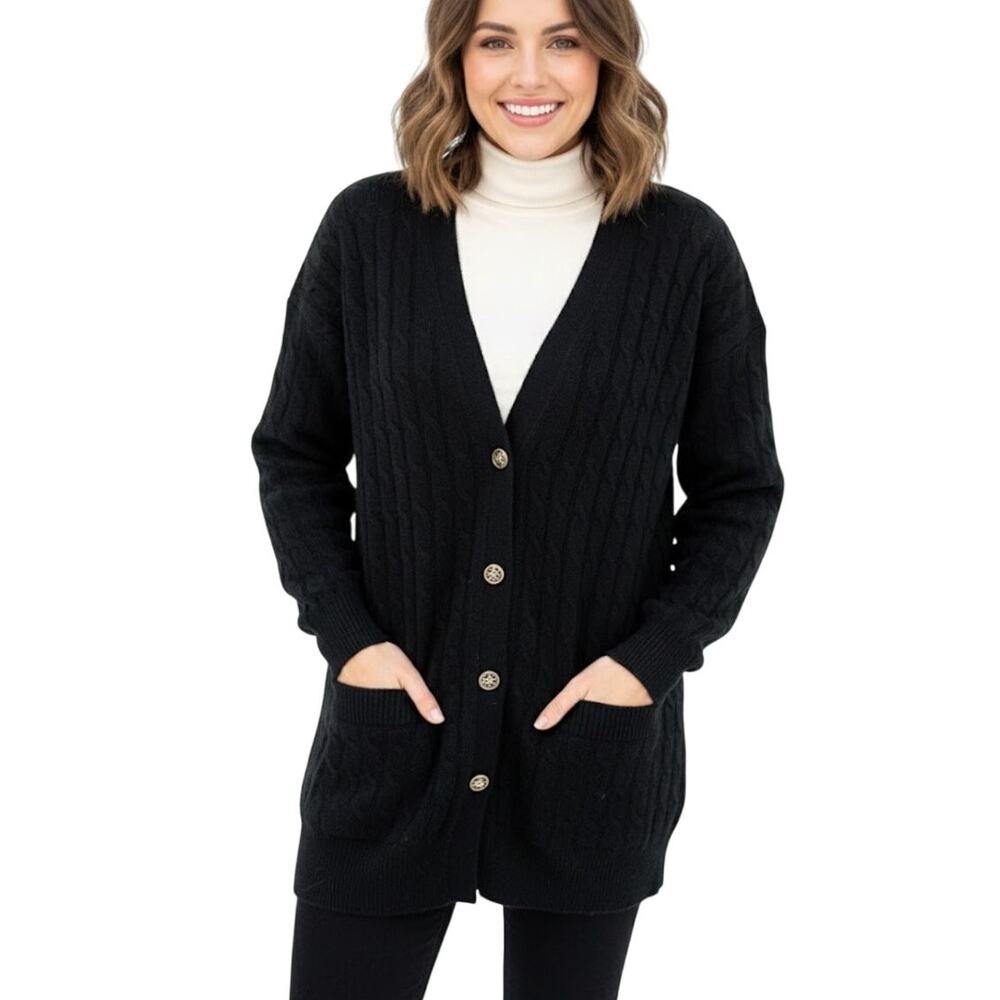 Vintage 80s Cardigan Sweater Black Cable Knit Angora Wool Old Money Shoulder Pad